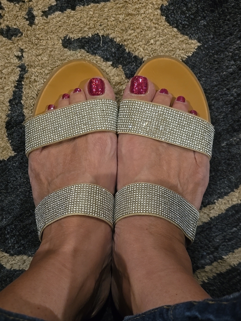 Rhinestone Double-Strap Slide Sandals - Silver